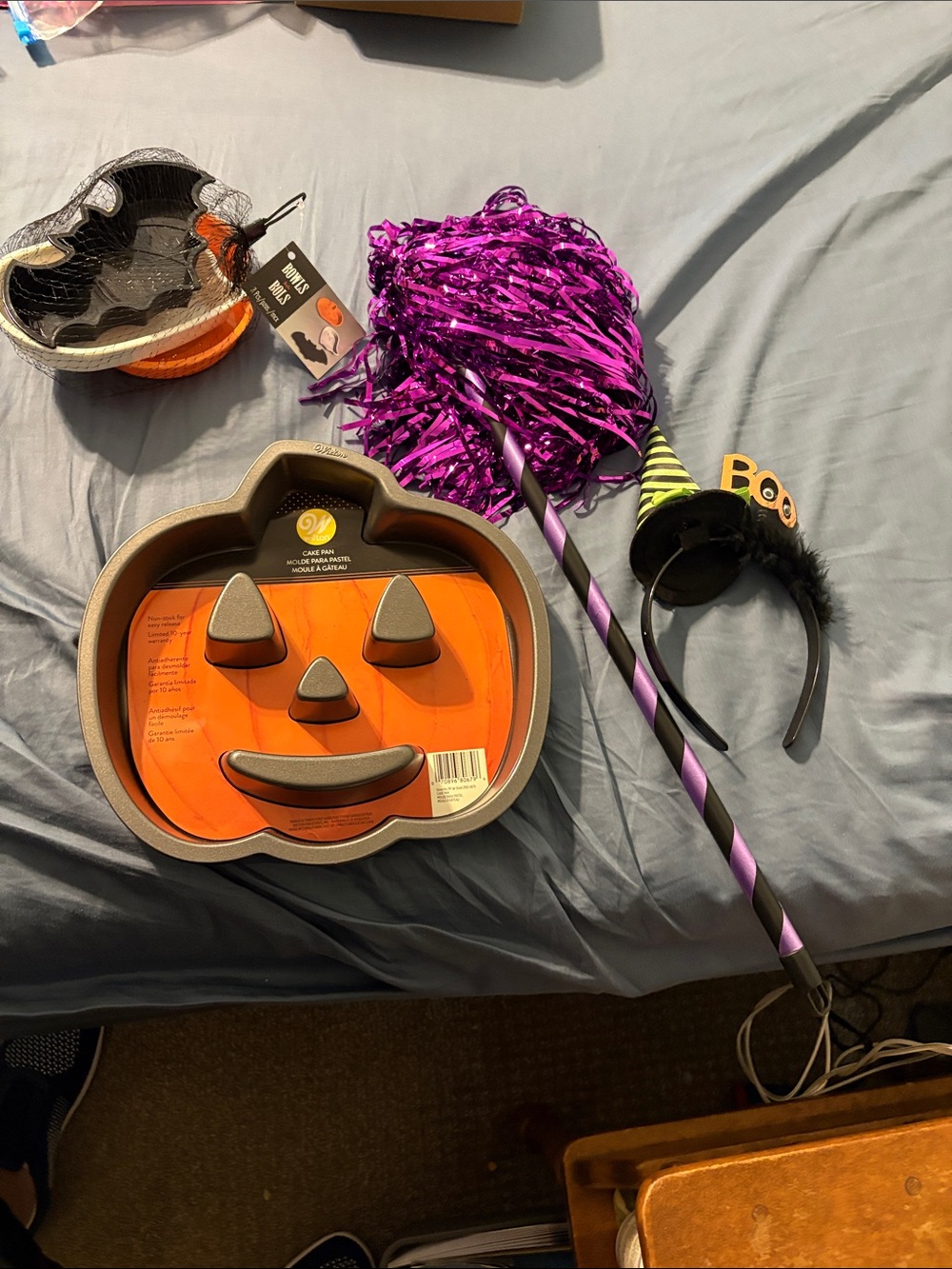 Halloween Pumpkin Cake Pan,  witch head band, bowls, purple shaker on stick